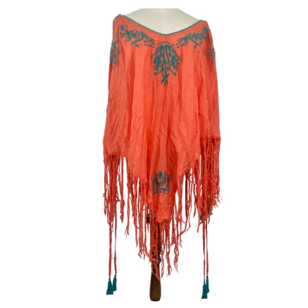 Z & L beach pool swim coral & teal embroidered fringe coverup. One size